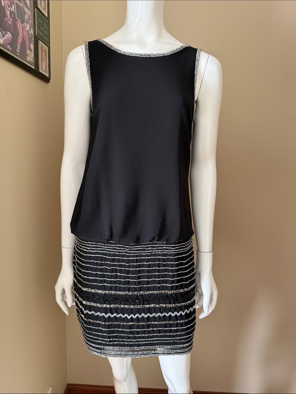 Adrianna Papell Black and Silver Beaded Cocktail Dress, size 6